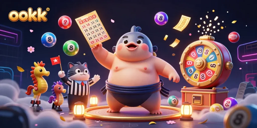 Join the exciting world of ookk, where vibrant lottery balls and energetic characters animate a lively gambling scene.