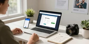 Download WPS Office shown on a sleek laptop in a modern office workspace highlighting productivity tools and a creative atmosphere.