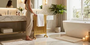 Design badkamerradiator goud in luxe badkamer met sfeervolle inrichting
