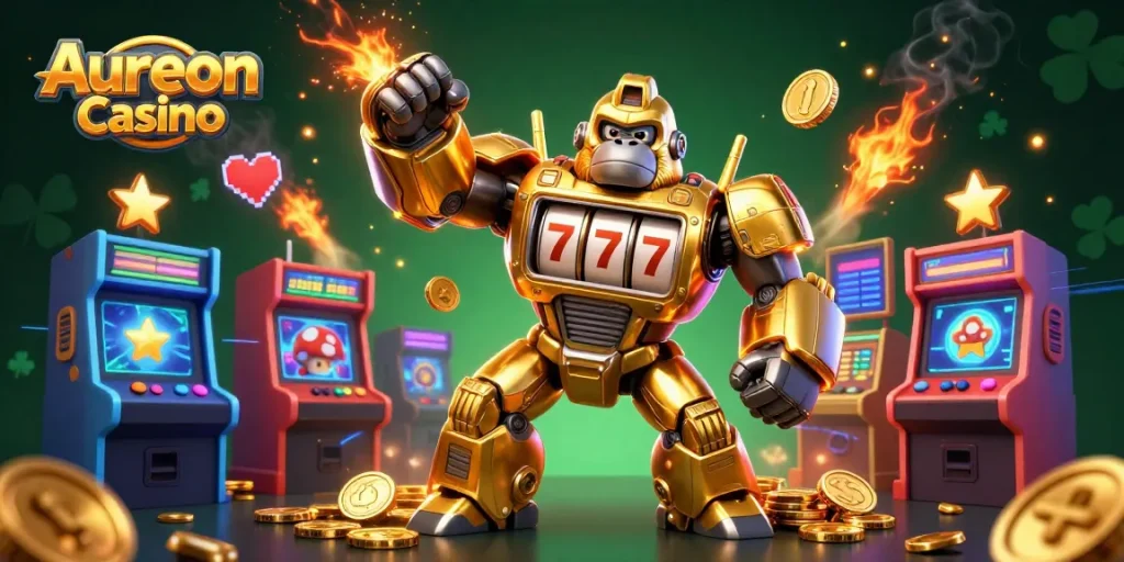 Aureon Casino showcases a vibrant 3D illustration with a golden gorilla mech, symbolizing winning excitement.