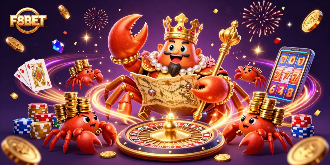 Experience F8BET's vibrant casino scene with a golden crab emperor and sparkling treasures.