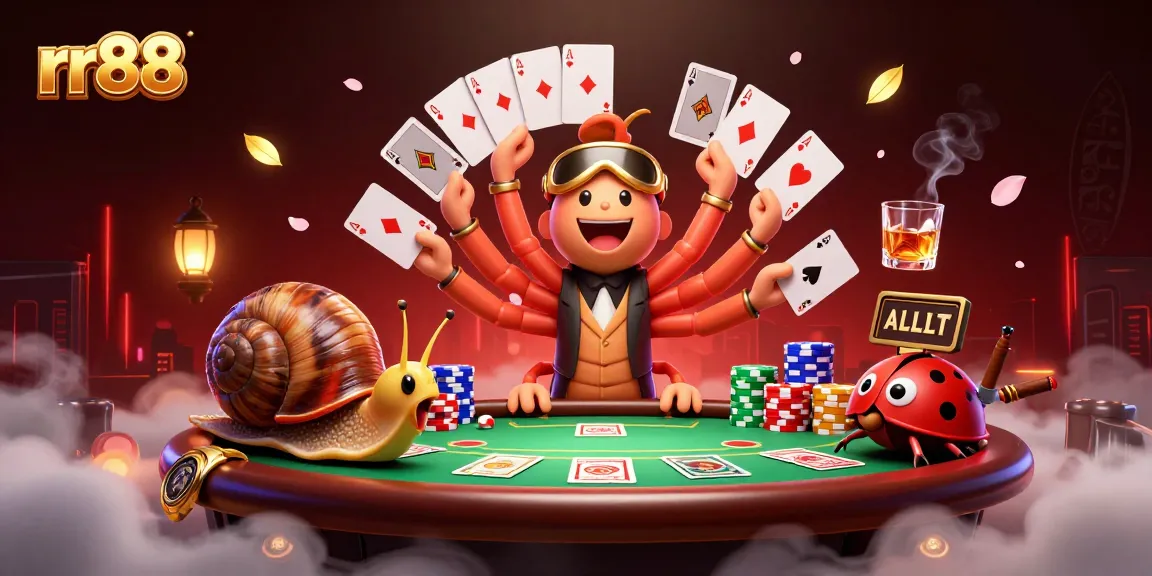Engage in thrilling gameplay at rr88 with a quirky casino scene featuring excited characters and dynamic elements.