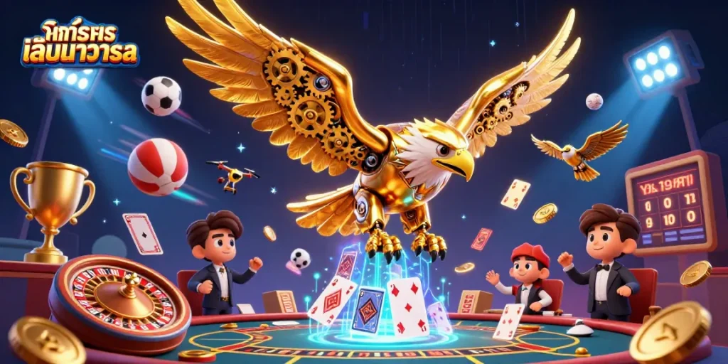 Experience ทดลองเล่นบาคาร่าsa with lively 3D casino characters amidst dynamic gaming elements and vibrant visuals.