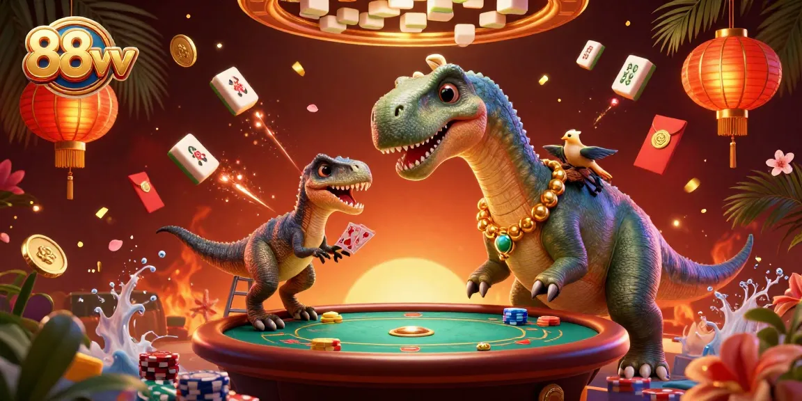 Experience the thrilling world of 88vv as a giant brontosaurus interacts with casino fun.