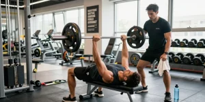Prime Pharma Steroïden Winkel met bodybuilder die gewichtheffen in een moderne sportschool.