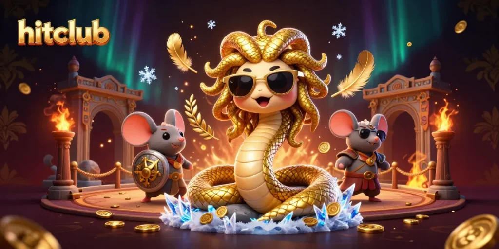 Hitclub's Medusa and warrior mouse celebrate in a vibrant casino atmosphere, showcasing golden coins and excitement.
