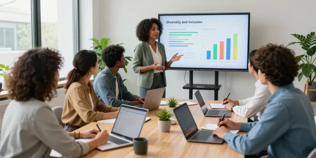 Diverse professionals in een moderne kantooromgeving bespreken diversiteit en inclusie.