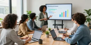 Diverse professionals in een moderne kantooromgeving bespreken diversiteit en inclusie.