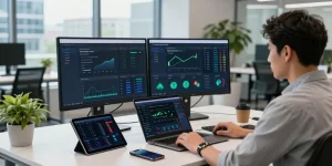PulseChain Bridge developer working with dual monitors in a modern tech office.