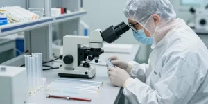 Technicus inspecteert FEP slangen in een cleanroom omgeving met laboratorium apparatuur op de achtergrond.