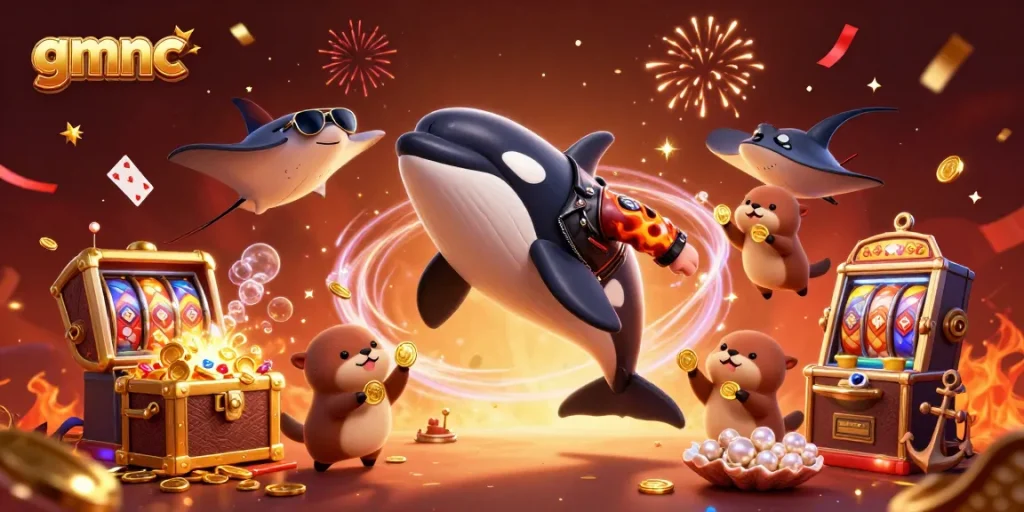 gmnc presents a vibrant casino illustration showcasing playful characters amidst glowing slot machines and treasures.