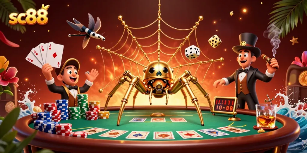 Experience thrilling sc88 poker action with a steampunk spider catching dice in a dynamic casino scene.