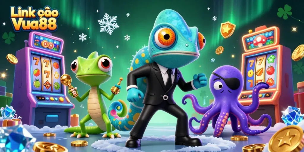Engage with Link vào Vua88 through vibrant casino visuals showcasing slot machines and charming characters.