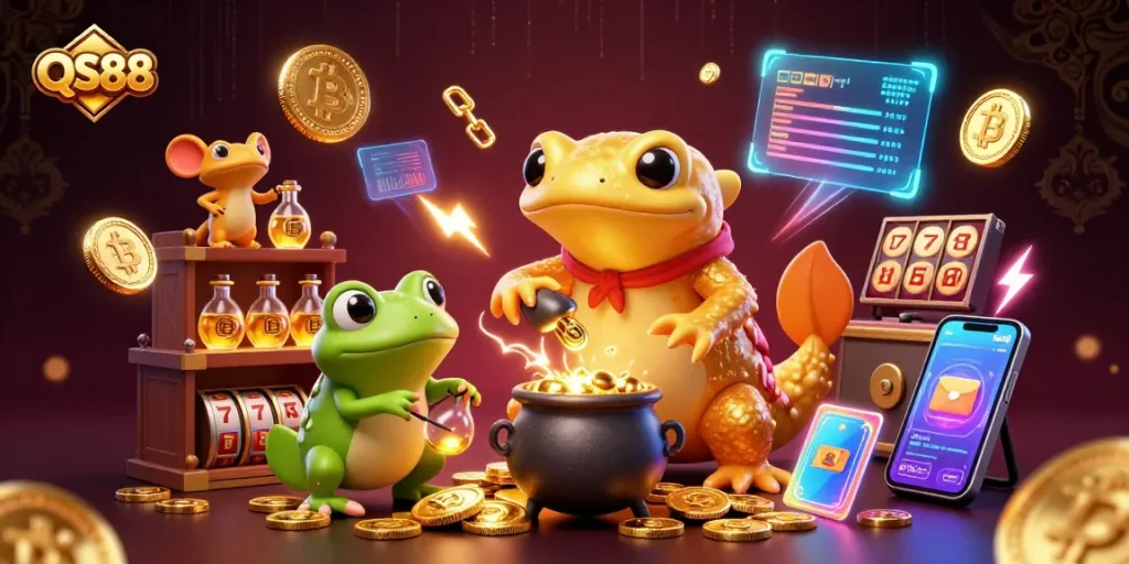 QS88 showcases a magical scene with alchemists and crypto coins in a vibrant casino illustration.