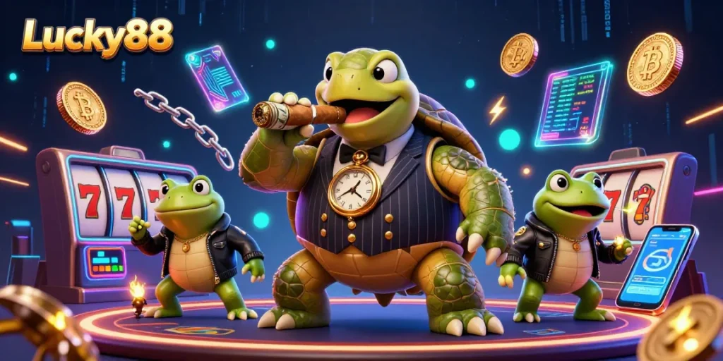 Engage with Lucky88's vibrant casino atmosphere featuring a unique turtle mobster and bullfrog enforcers.
