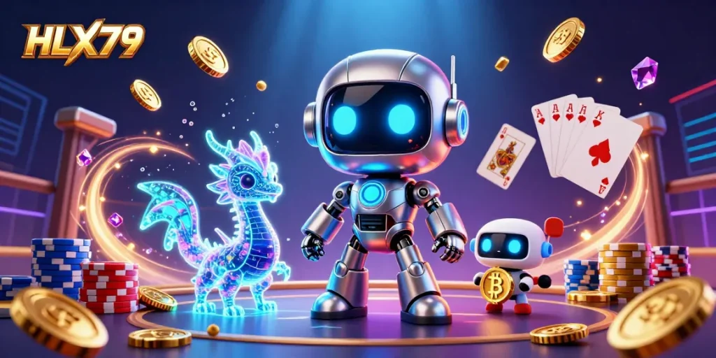 Experience the thrill of cockfighting at HLX79 with dynamic characters and vibrant gambling elements.