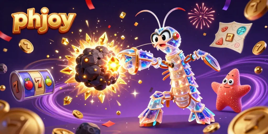 Spin big wins with phjoy's vibrant slots as colorful characters burst through an asteroid filled with treasures.