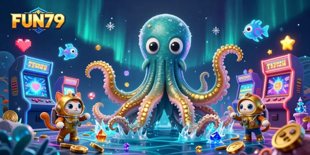 Engage with FUN79's thrilling atmosphere featuring a kraken, diving cat, and glowing arcade games.