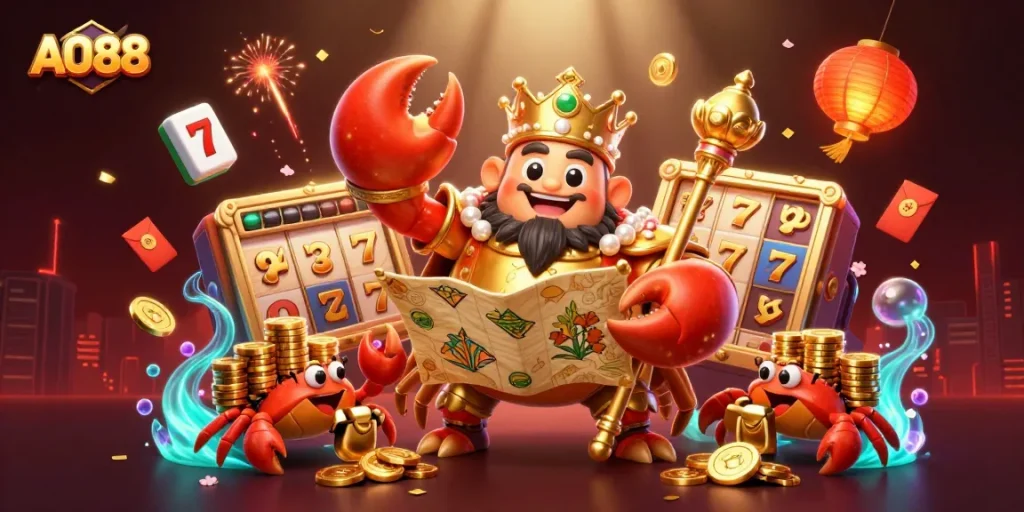 Engage with AO88's vibrant casino world featuring a golden crab emperor and dynamic slot games.