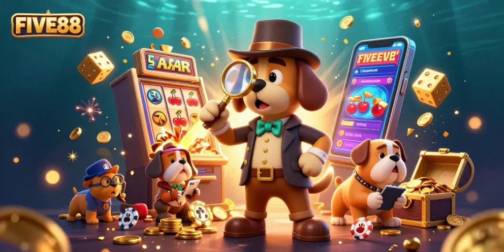 Engage with FIVE88's thrilling jackpot excitement through a dynamic 3D casino scene featuring cartoon detectives.