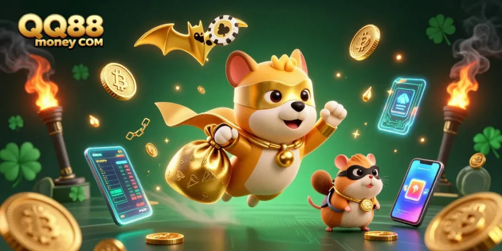 Engage with QQ88money COM through thrilling casino adventures featuring a superhero dog and gold coins.
