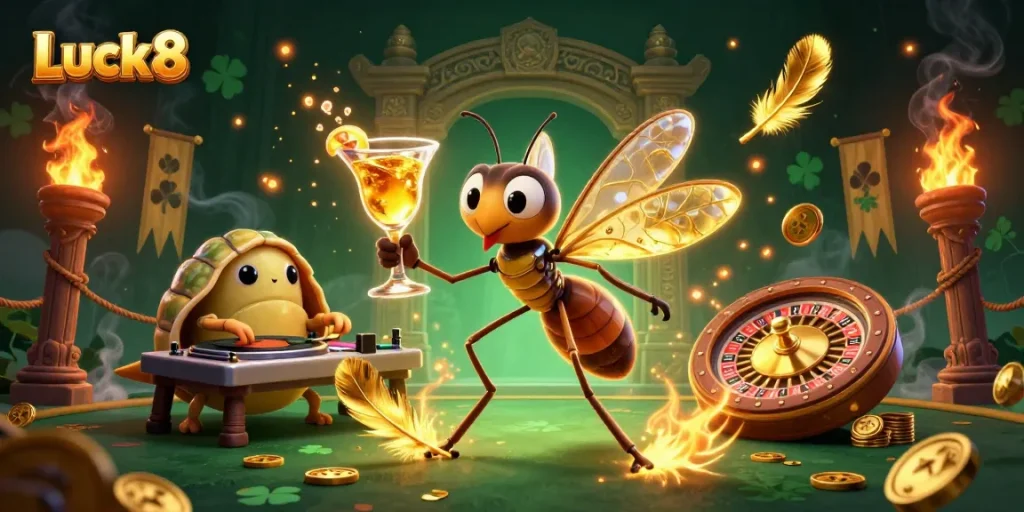 Luck8 captures the excitement of casino games with a vibrant 3D scene showcasing unique characters.