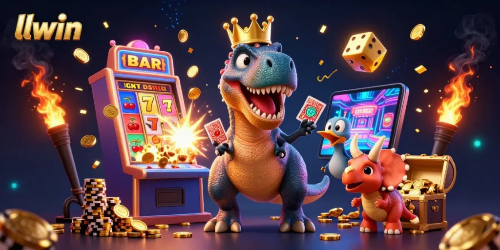 llwin slot machine scene with friendly dinosaurs and vibrant casino elements in action