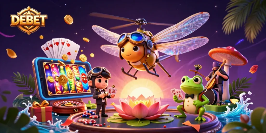 Experience DEBET gaming excitement with a dragonfly pilot, frog croupier, and jazzing crickets.