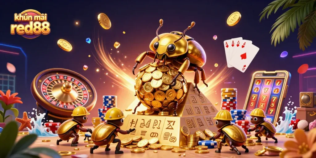 Engage with exciting promotions in khuyến mãi red88 featuring golden coins and a vibrant casino atmosphere.