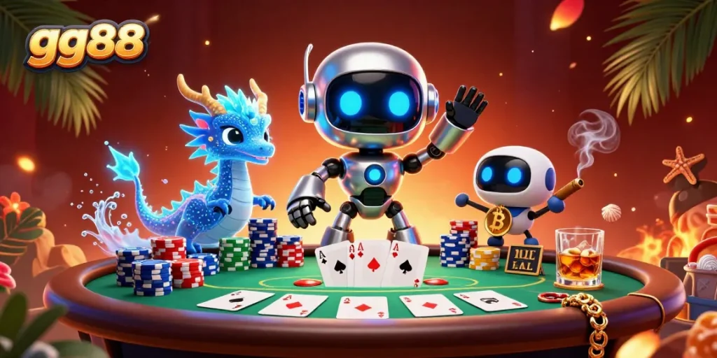 Engage with gg88's vibrant gaming scene featuring a cyberpunk robot and bitcoin companion.
