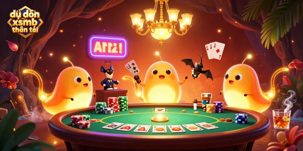 Engage with dự đoán xsmb thần tài through vibrant 3D glowworms illuminating a casino scene.