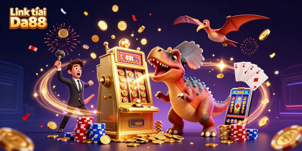 Spin the jackpot at Link vào Da88 with a pachycephalosaurus, coins flying everywhere!
