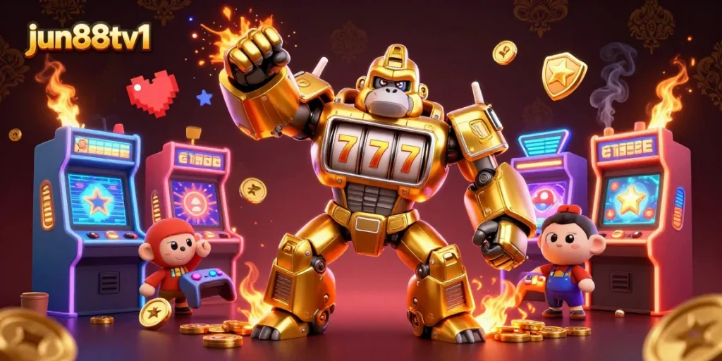 Experience the excitement of jun88tv1 with a dynamic 3D casino scene featuring a golden gorilla mech and arcade games.
