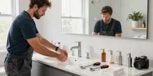 Installatie van een moderne badkamerkraan in een stijlvol gerenoveerde badkamer, met hulpmiddelen en designaccenten zichtbaar.