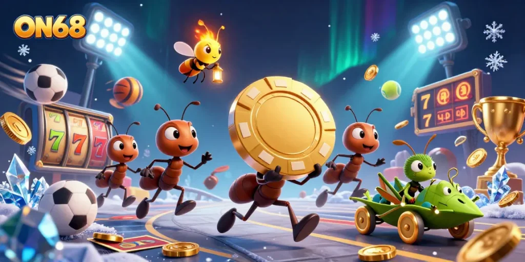 ON68 showcases a vibrant heist scene with a team of ants, golden chips, and sports elements.