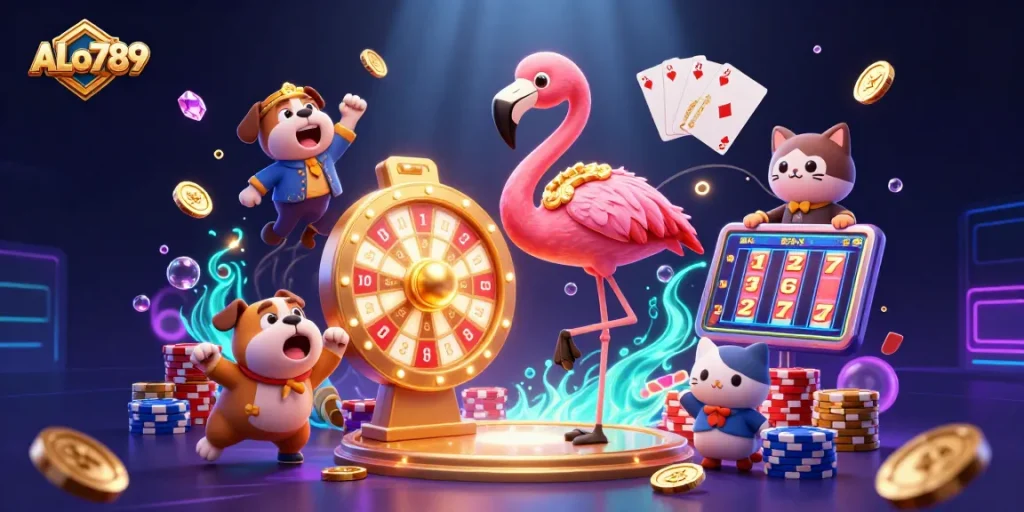 Spin the prize wheel with ALo789's thrilling gaming experience, featuring vibrant characters and dynamic casino elements.