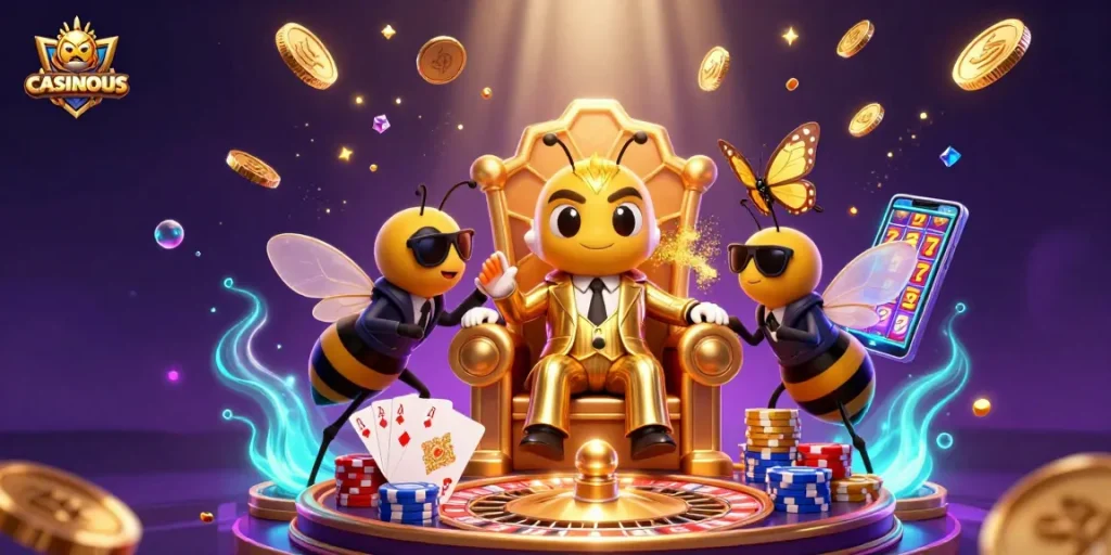 Casinous showcases a vibrant 3D casino scene with a mob boss bee and sparkling symbols of luck and profit.
