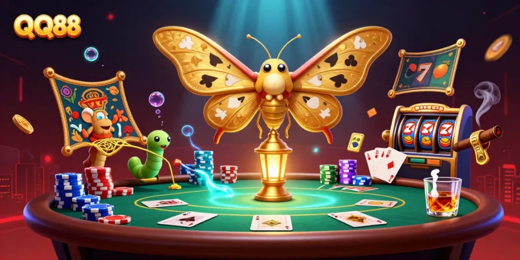 Experience QQ88’s vibrant casino atmosphere with a stunning illustration of unique gaming elements and characters.