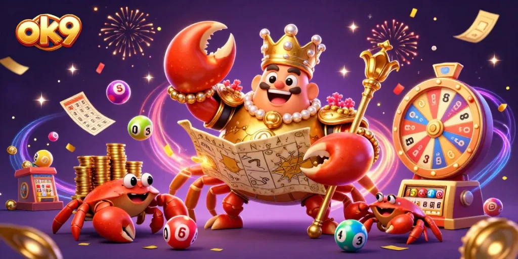 Experience thrilling games at ok9 with a 3D golden crab emperor amidst lottery excitement and dynamic gameplay.