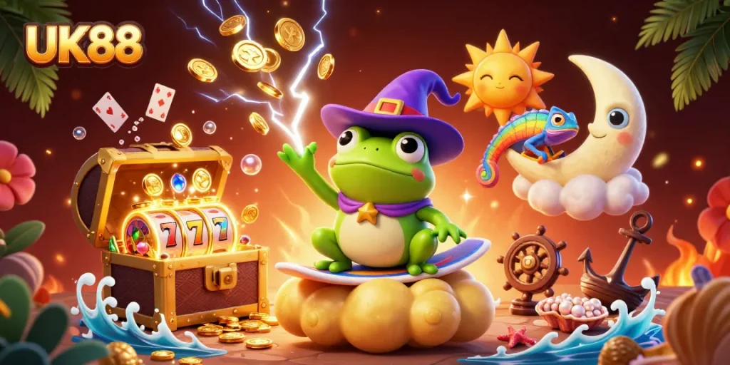 Experience UK88's lively casino scene with characters amidst golden slots and magical elements.