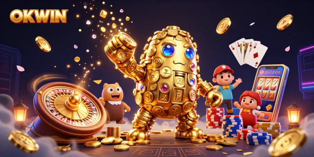 Experience winning with OKWIN, as golden coins and vibrant casino elements surround a magical golem.