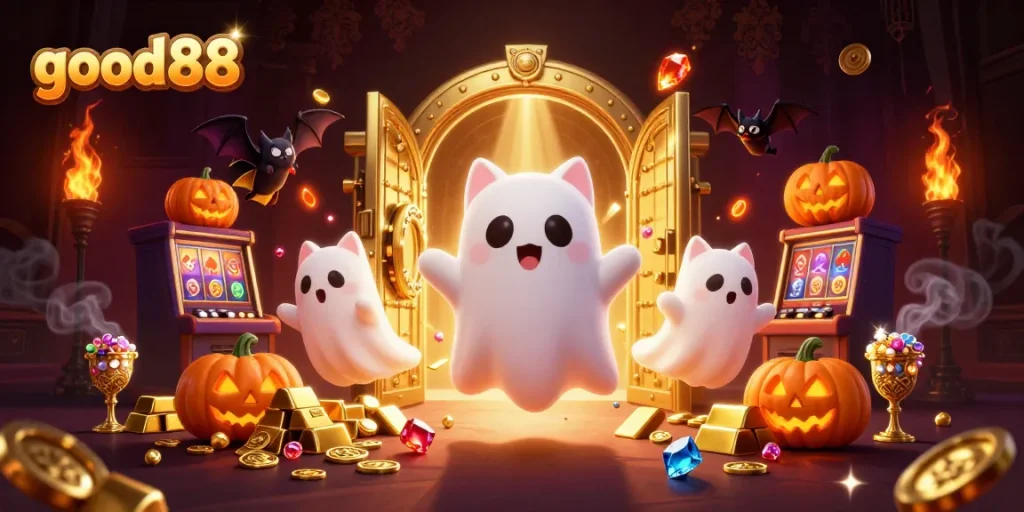 good88 engages players with a vibrant 3D illustration featuring a ghost cat in a haunted casino