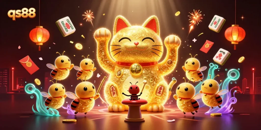 qs88 creates excitement with a golden cat and vibrant casino symbols in a lively 3D scene