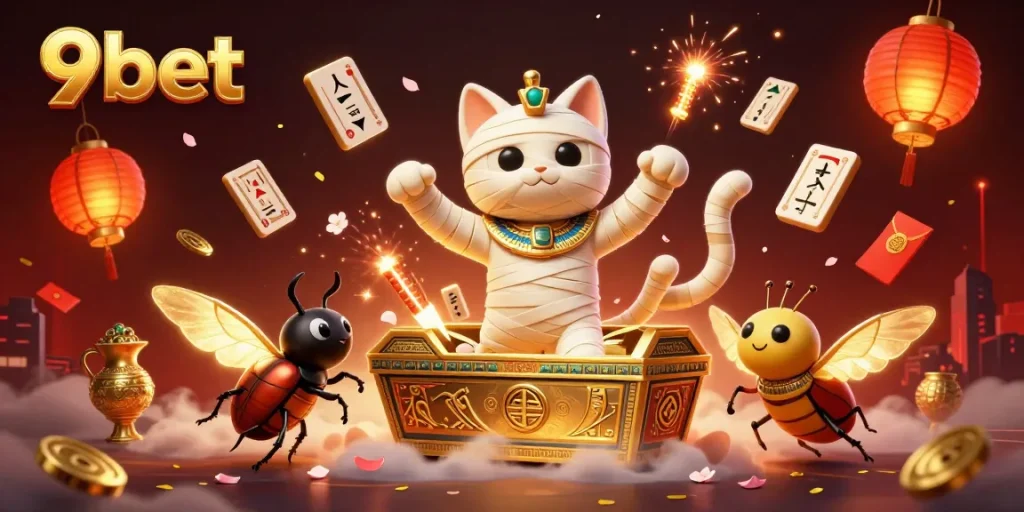 Engage with 9bet's thrilling casino scene featuring an Egyptian mummy cat amid floating riches.