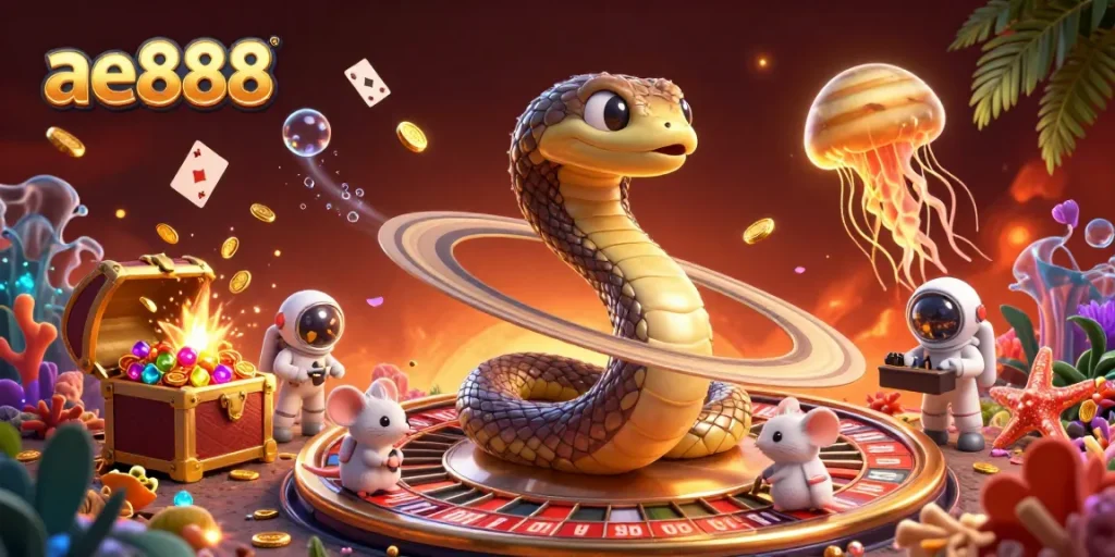 Experience thrilling cosmic betting with ae888's vibrant 3D casino adventure illustration.