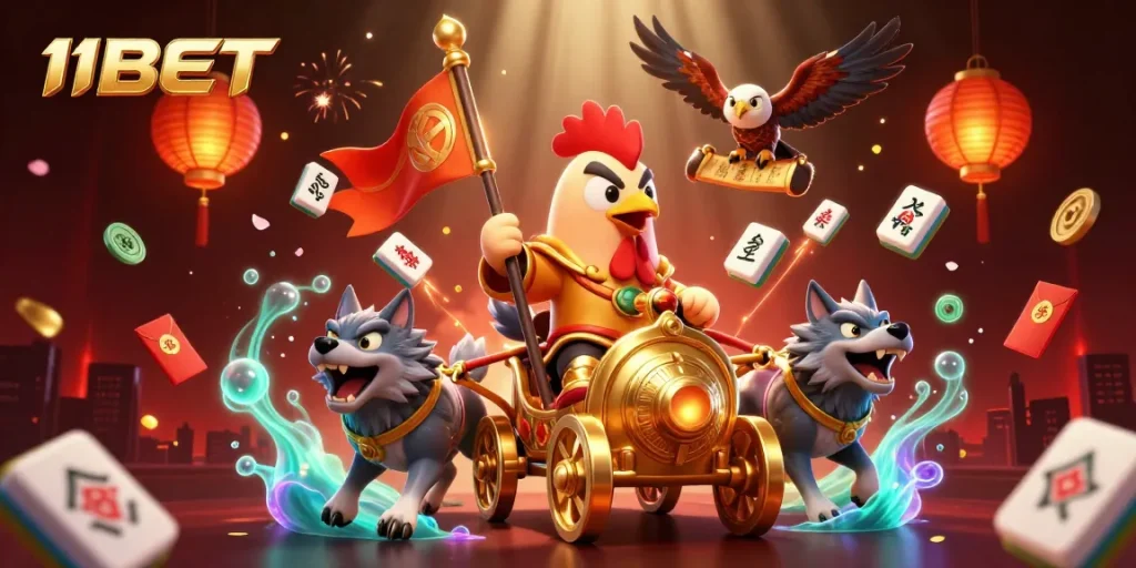 Engage with 11BET's thrilling casino experience featuring lively characters and dynamic game elements.