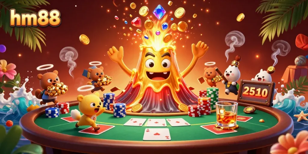 Experience thrilling moments with hm88 as a golden volcano erupts treasures amidst dynamic poker action.