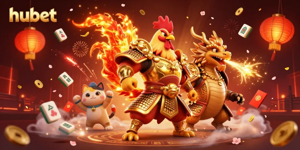 Experience thrilling gambling action with hubet's dynamic 3D rooster and dragon illustration