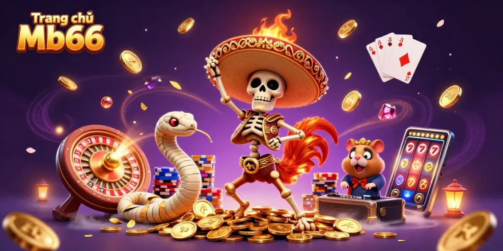 Experience excitement at Trang chủ Mb66 with a dynamic illustration combining vibrant casino elements and characters.